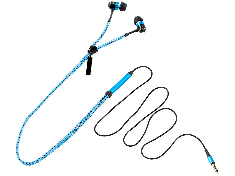 auvisio Zipper-Headset IE-400.zip mit Reißverschluss (blau); Ohrhörer MP3-Player Ohrhörer MP3-Player Ohrhörer MP3-Player Ohrhörer MP3-Player 