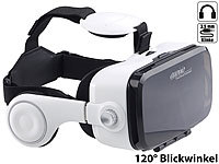 auvisio Virtual-Reality-Brille mit integrierten Kopfhörern, 3D-Justierung; In-Ear-Stereo-Headsets mit Bluetooth, Virtual-Reality-Brillen für Smartphones 