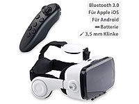 auvisio Virtual-Reality-Brille mit Headset & Game-Controller im Set, Bluetooth; In-Ear-Stereo-Headsets mit Bluetooth, Virtual-Reality-Brillen für Smartphones In-Ear-Stereo-Headsets mit Bluetooth, Virtual-Reality-Brillen für Smartphones 