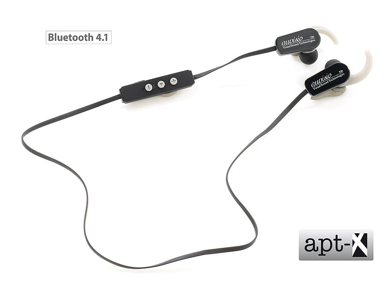 auvisio Bluetooth-4.1-Sport-Headset, Spritzwassergeschützt, aptX; Ohrhörer MP3-Player Ohrhörer MP3-Player Ohrhörer MP3-Player Ohrhörer MP3-Player 
