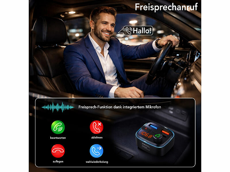 ; FM-Transmitter & Freisprecher mit MP3-Player & USB-Ladeports FM-Transmitter & Freisprecher mit MP3-Player & USB-Ladeports FM-Transmitter & Freisprecher mit MP3-Player & USB-Ladeports 