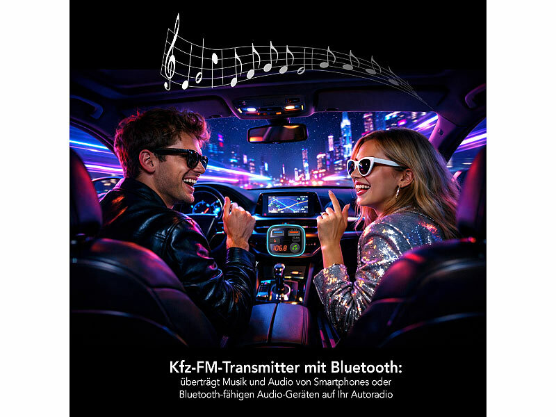 ; FM-Transmitter & Freisprecher mit MP3-Player & USB-Ladeports FM-Transmitter & Freisprecher mit MP3-Player & USB-Ladeports FM-Transmitter & Freisprecher mit MP3-Player & USB-Ladeports 