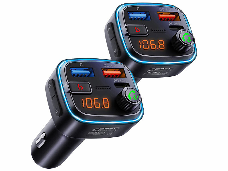 ; FM-Transmitter & Freisprecher mit MP3-Player & USB-Ladeports FM-Transmitter & Freisprecher mit MP3-Player & USB-Ladeports FM-Transmitter & Freisprecher mit MP3-Player & USB-Ladeports 