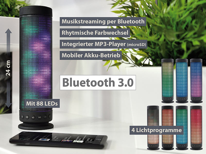 auvisio Bluetooth-Lautsprecher & MP3-Player mit farbigen Lichtimpulsen; MP3 Soundstations MP3 Soundstations MP3 Soundstations MP3 Soundstations 
